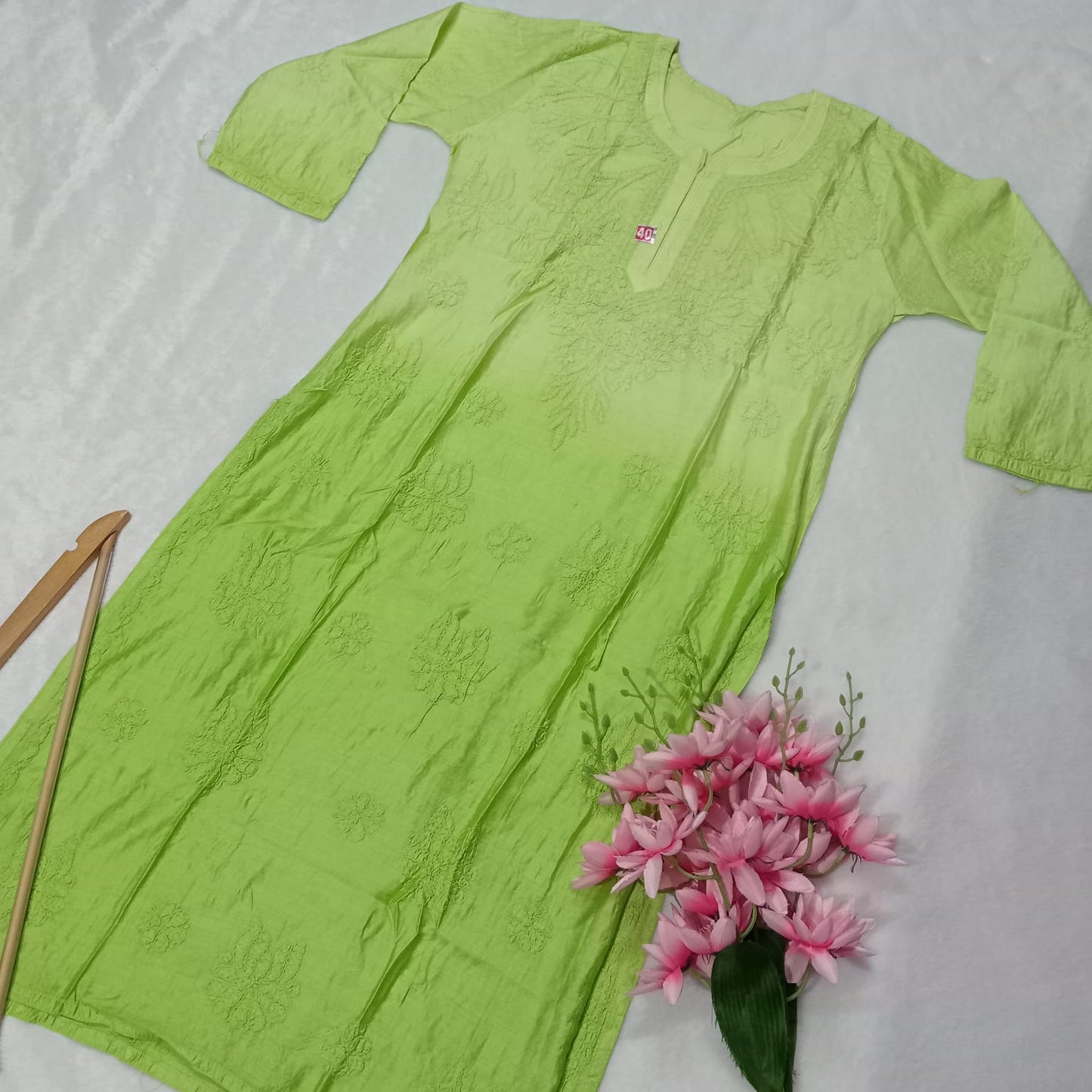 Soft Chanderi Dual Shaded Chikankari Kurti -Green Color - Chikankaar
