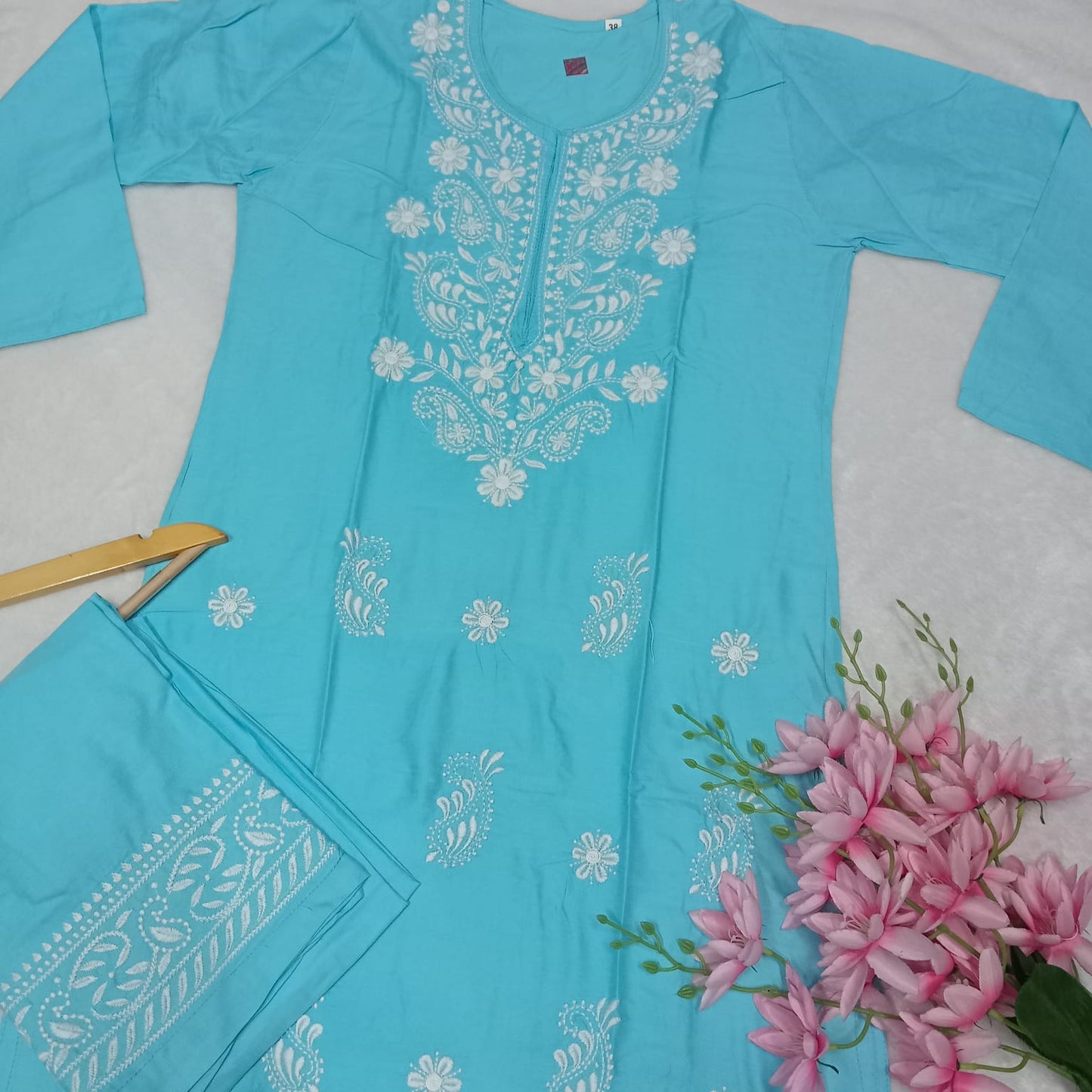RAYON CHIKANKARI MACHINE WORK KURTI PLAZO SET-SKY BLUE COLOUR - Chikankaar