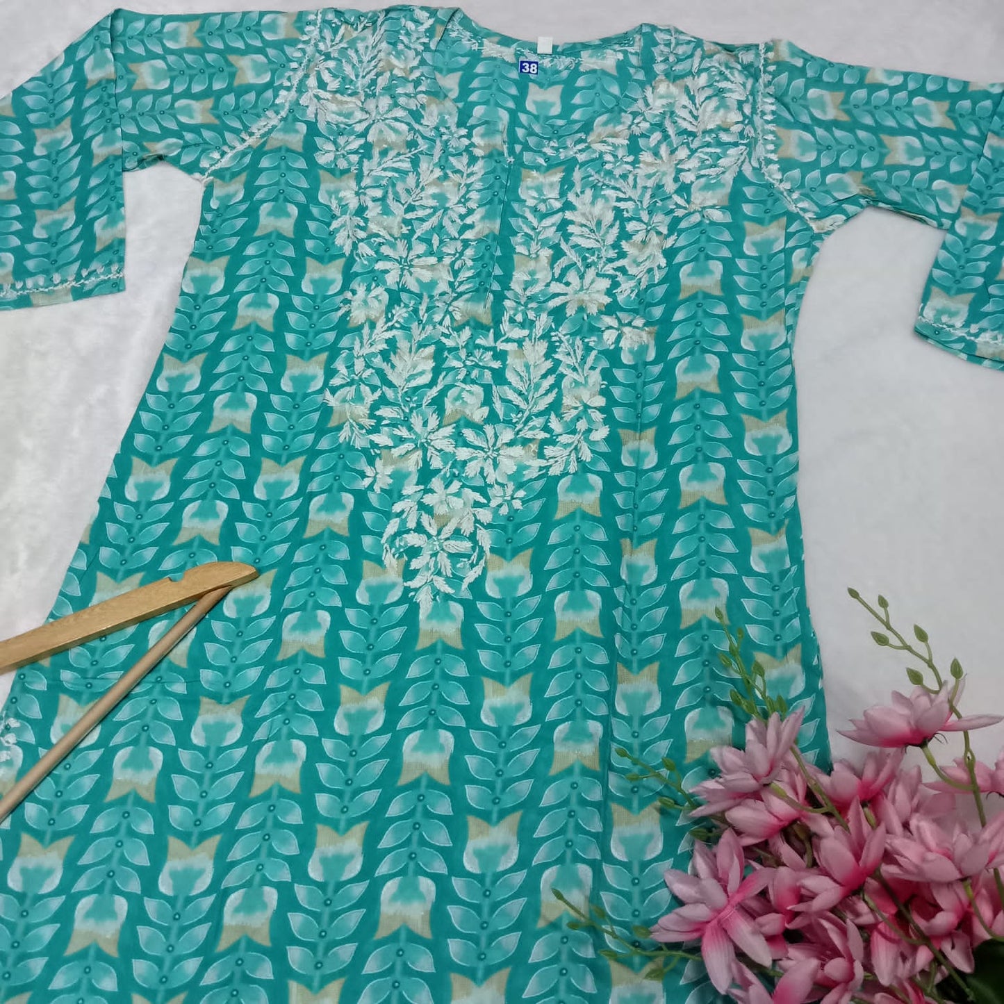 Pure Mulmul Chikankari Handwork Kurti -Sea Green Colour - Chikankaar