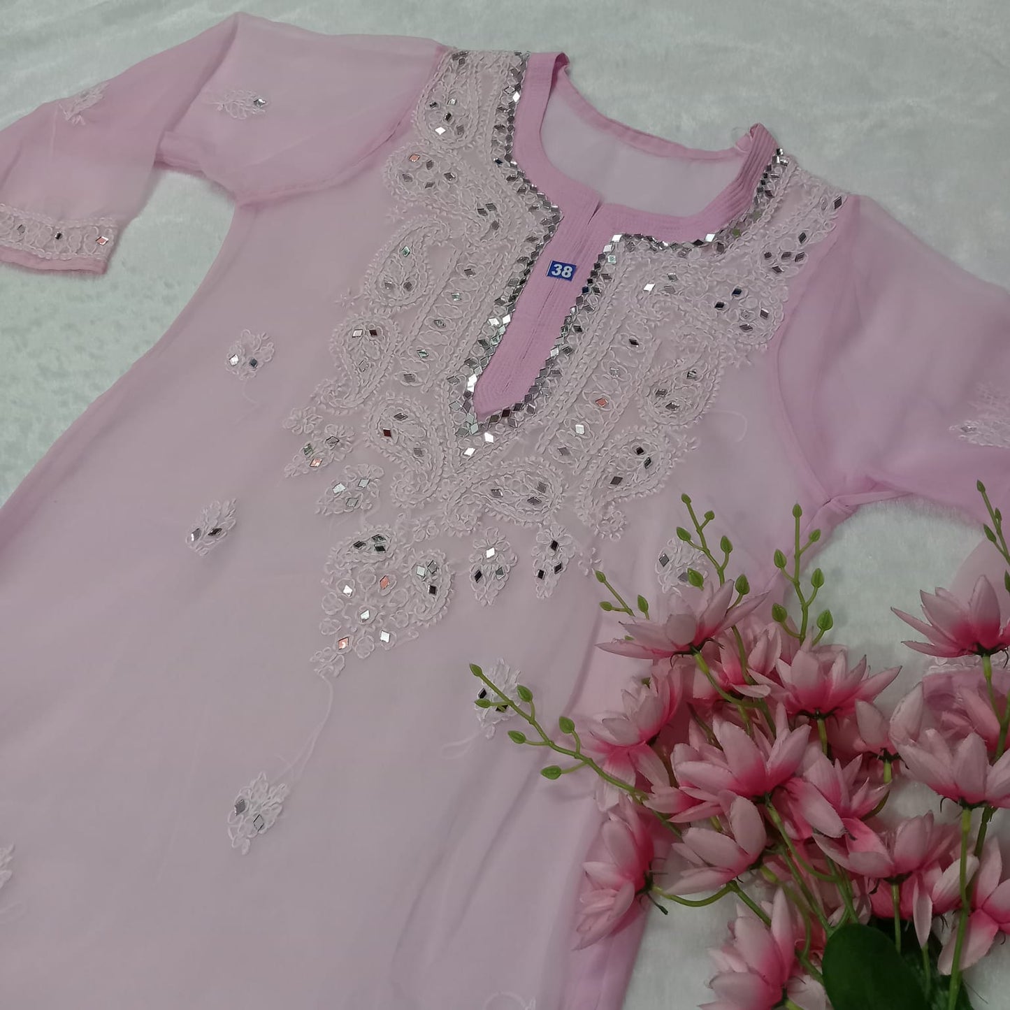 Georgette Mirror Work Chikankari Kurti With Inner- Baby Pink Colour - Chikankaar