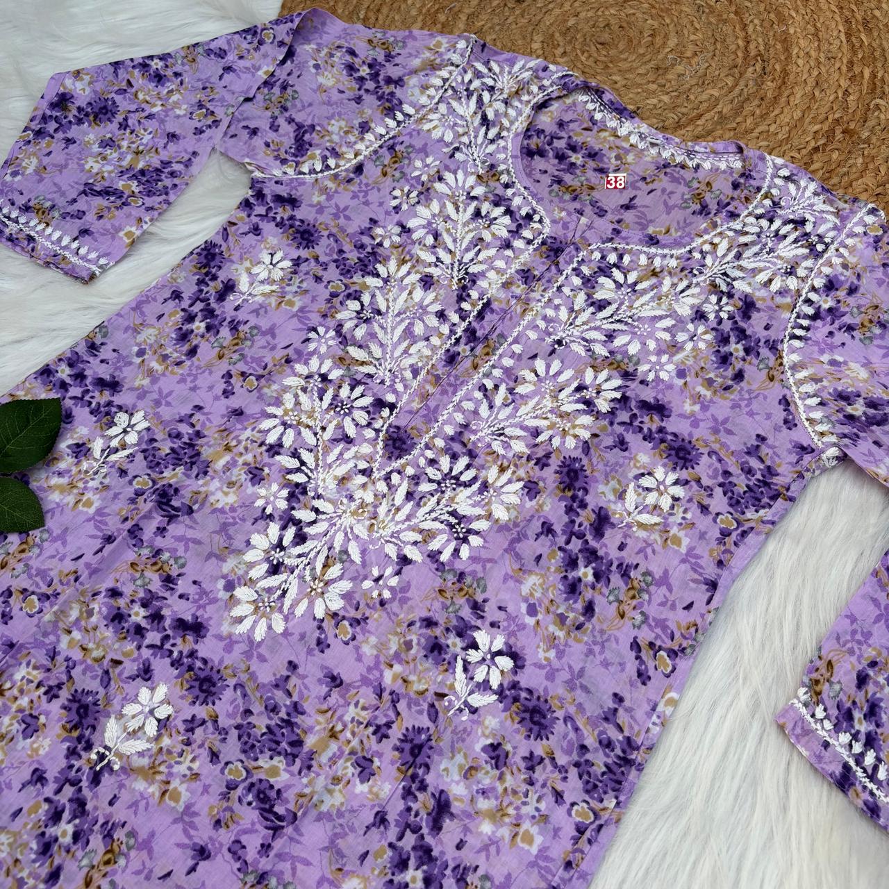 Rania Pure Mulmul Chikankari Handwork Kurti - Purple Colour