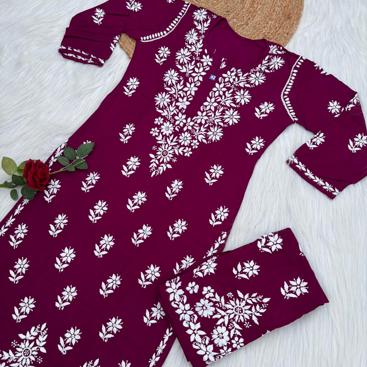 Maya Rayon Chikankari Kurti Plazo Set - Wine Colour