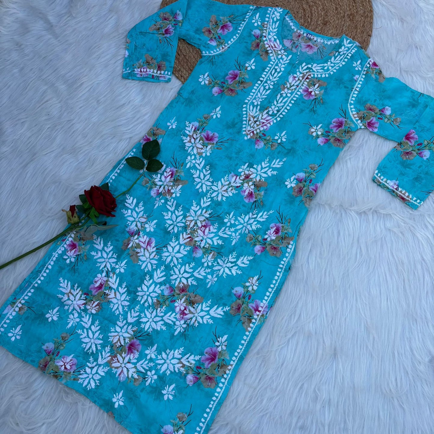 Rasha Pure Mulmul Chikankari Kurti - Sea Green Colour