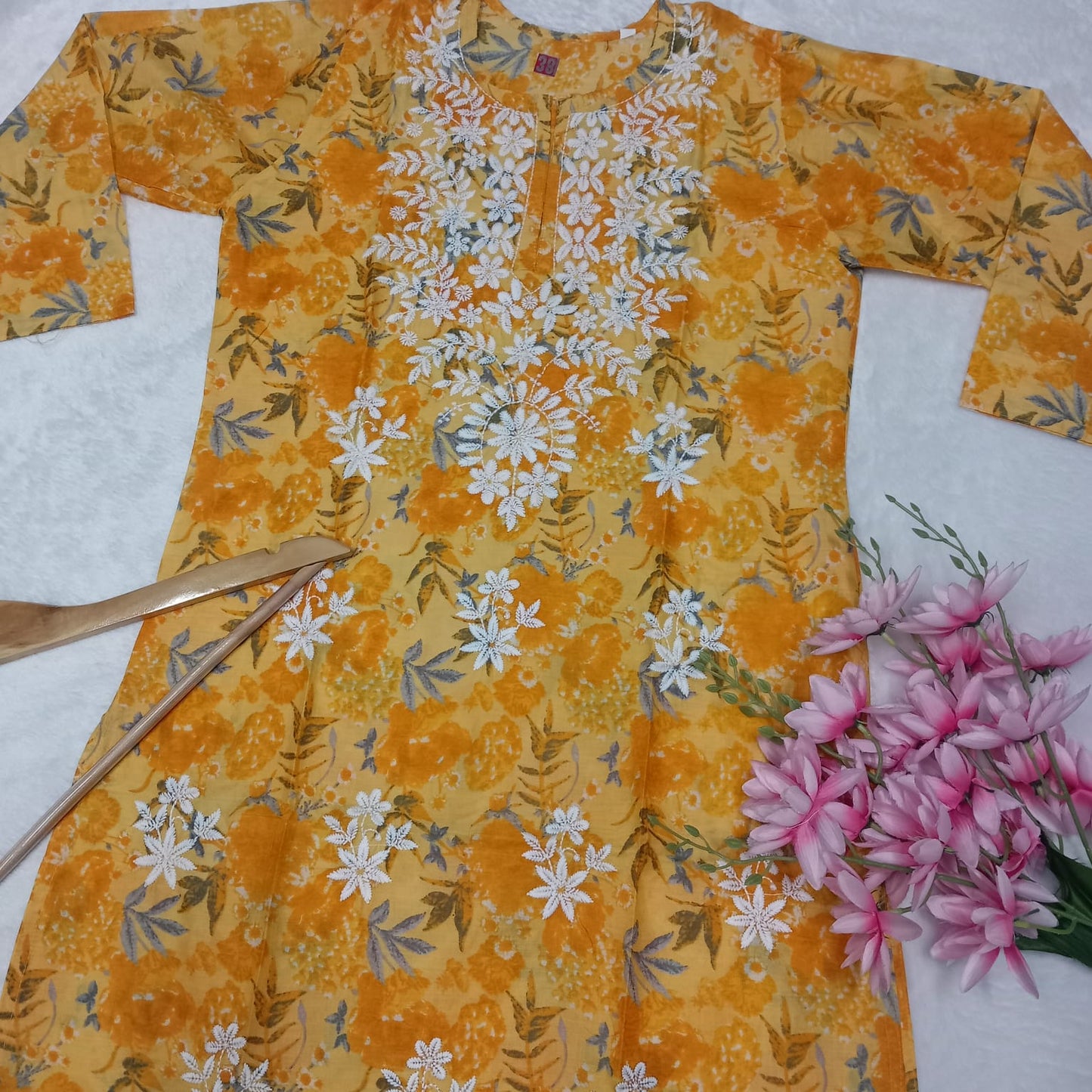 MULMUL COTTON CHIKANKARI MACHINE WORK KURTI - YELLOW COLOUR - Chikankaar
