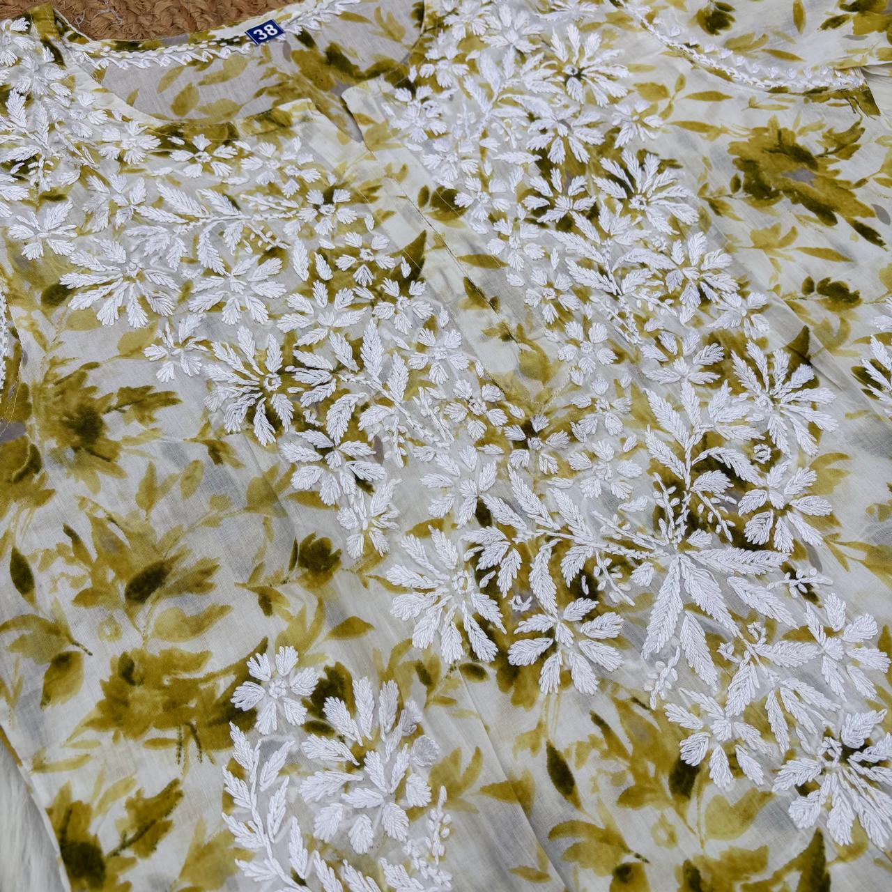 Amara Pure Mulmul Chikankari Handwork Kurti -Green Colour