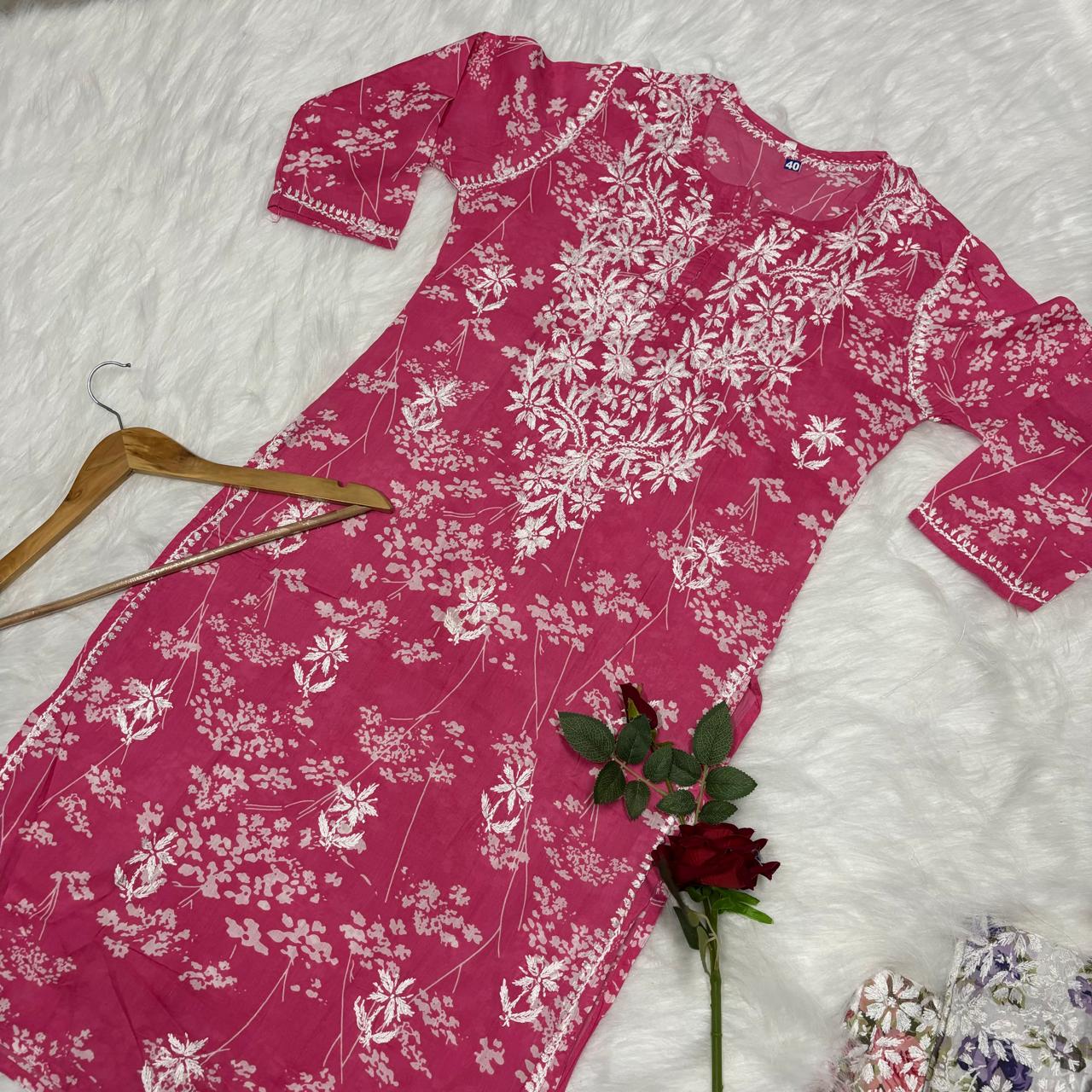 Mahira Sharma Inspired Pure Mulmul Printed Chikankari Handwork Kurti - Pink Colour - Chikankaar