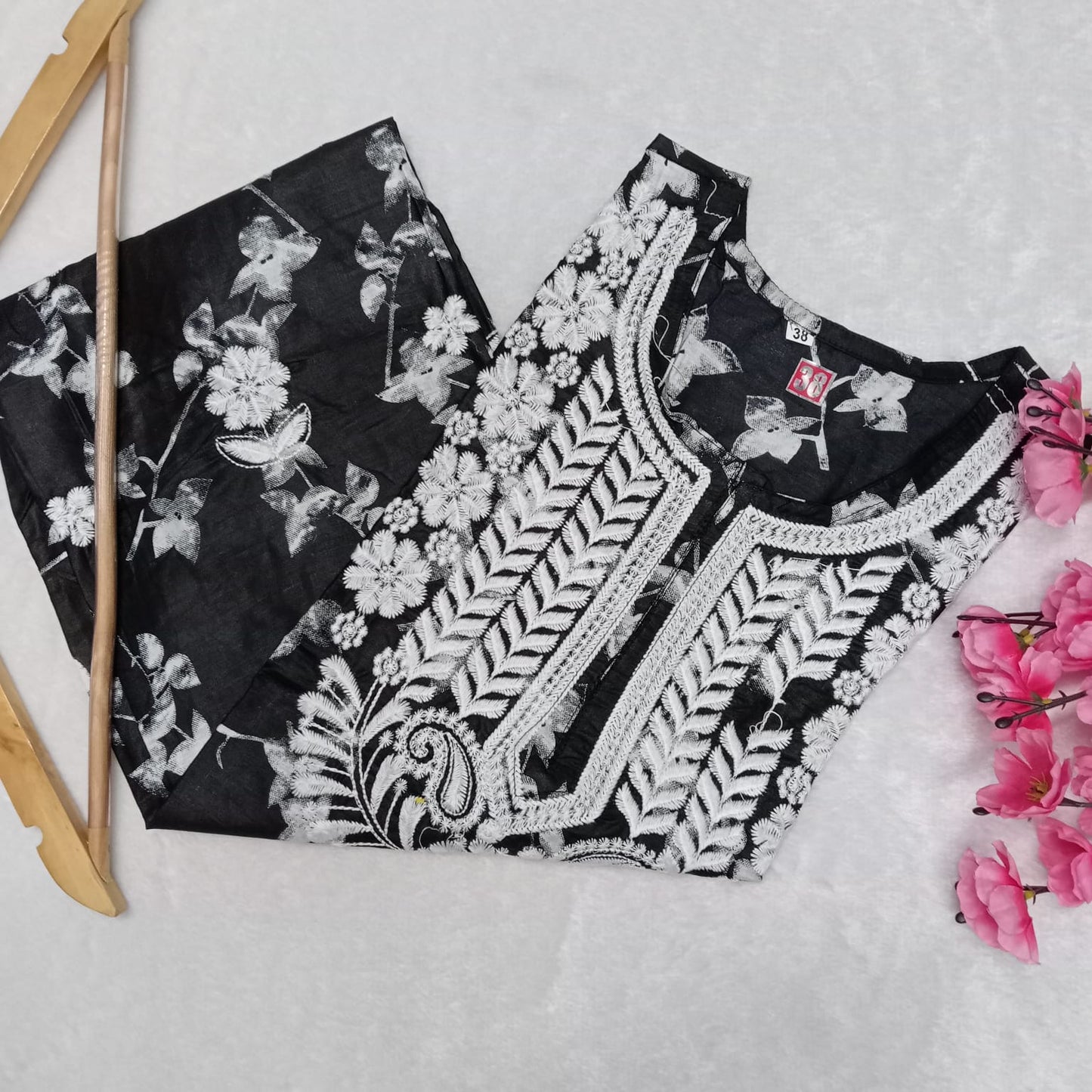 Mulmul Cotton Chikankari Machine Work Kurti - Black Colour - Chikankaar
