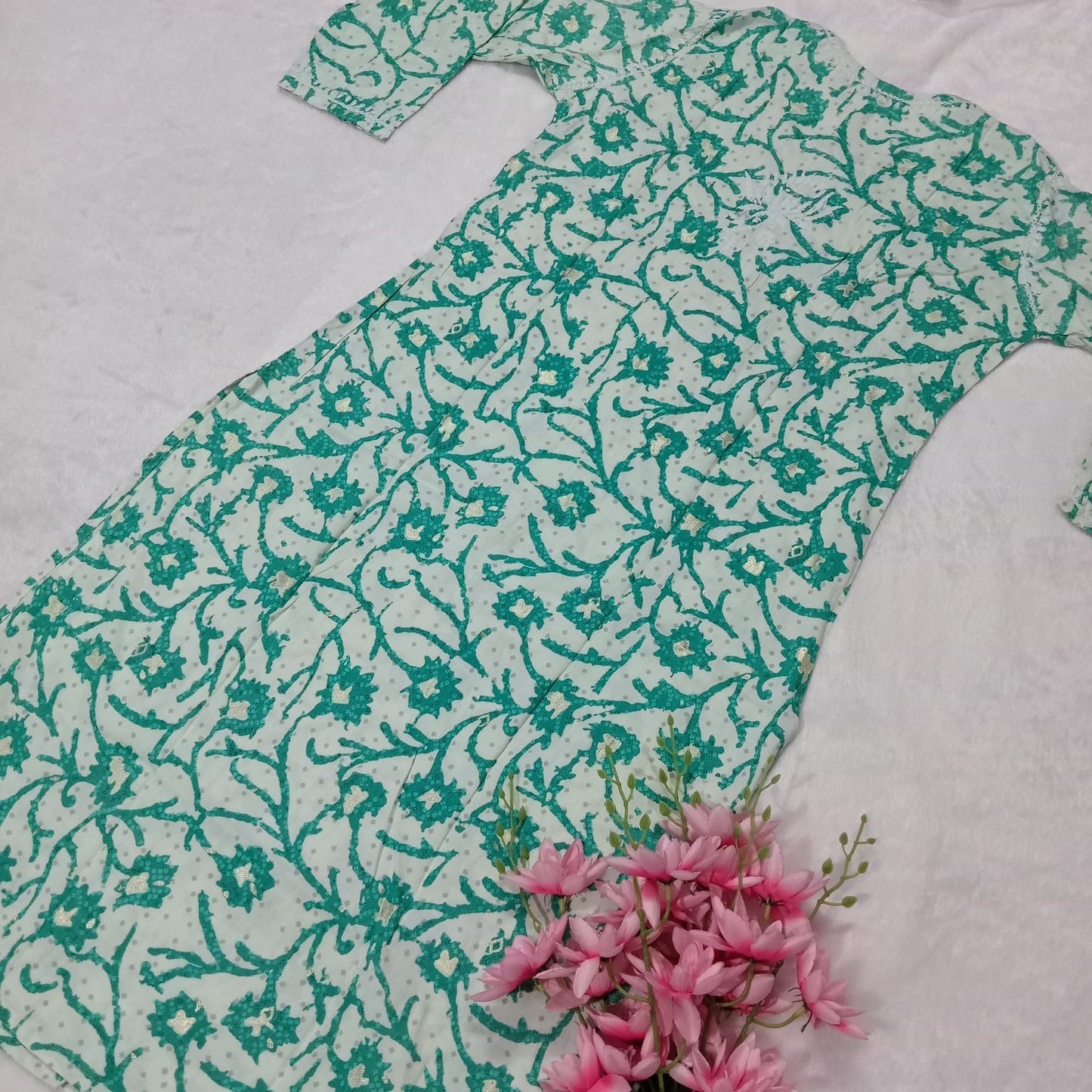 Modal Slub Chikankari Lotus Work Kurti -Sea Green Colour - Chikankaar