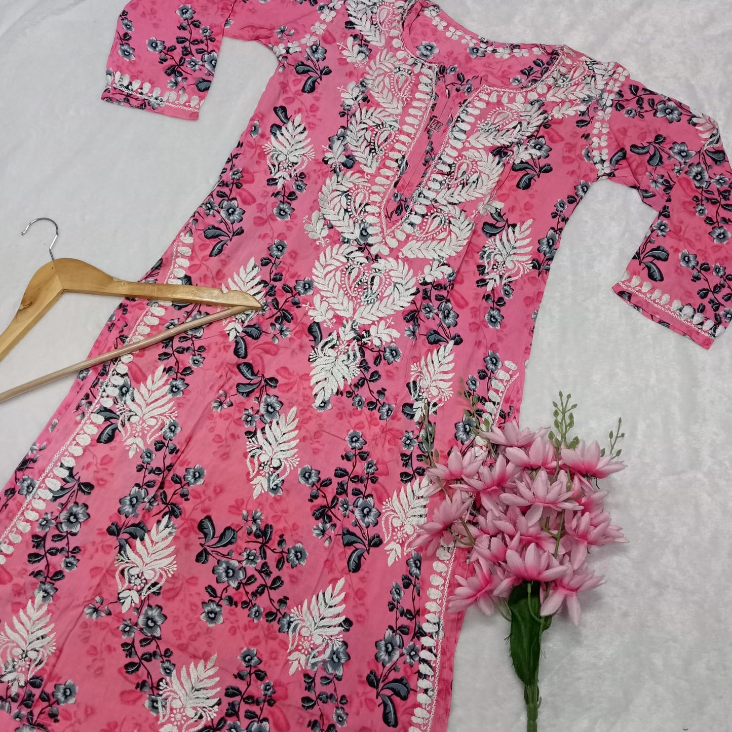 Soft Modal Floral Printed Chikankari Handwork Kurti - Pink Colour - Chikankaar
