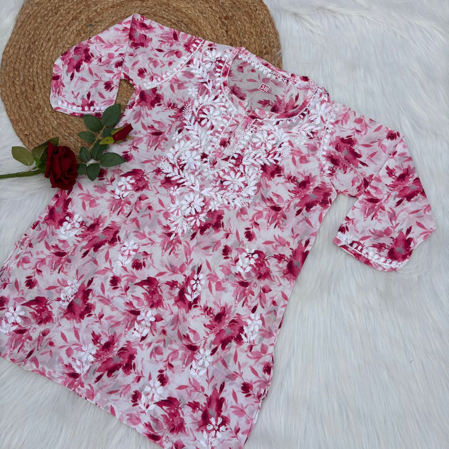 Asma Pure Mulmul Cotton Short Kurti - Pink Colour - Chikankaar