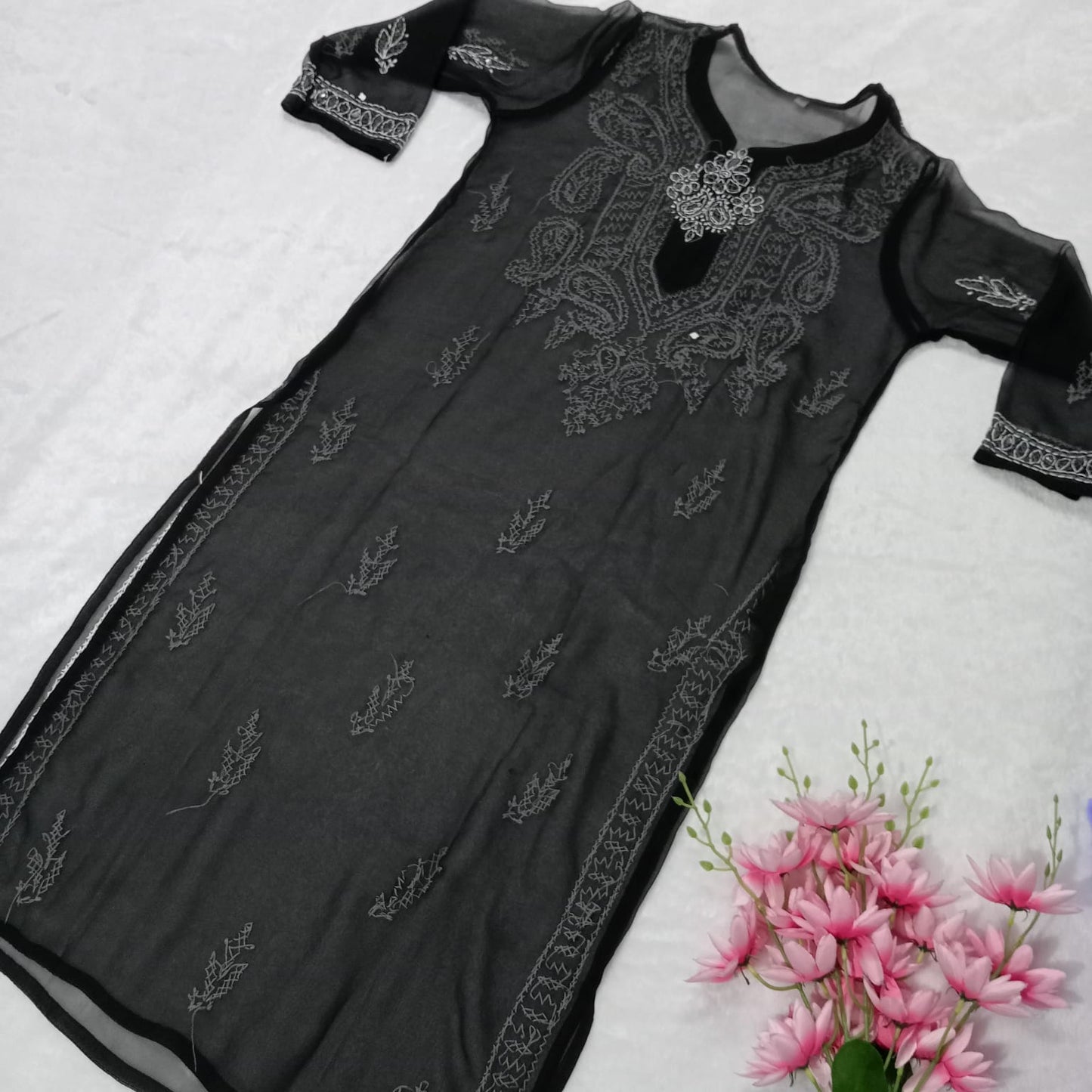 Georgette Mirror Work Chikankari Kurti With Inner- Black Colour - Chikankaar
