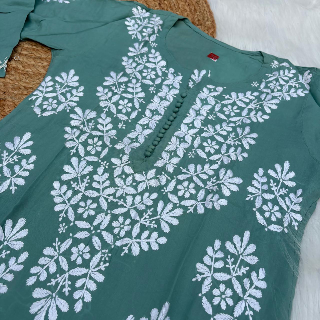 Ameena Soft Rayon Chikankari Kurti - Pista Colour