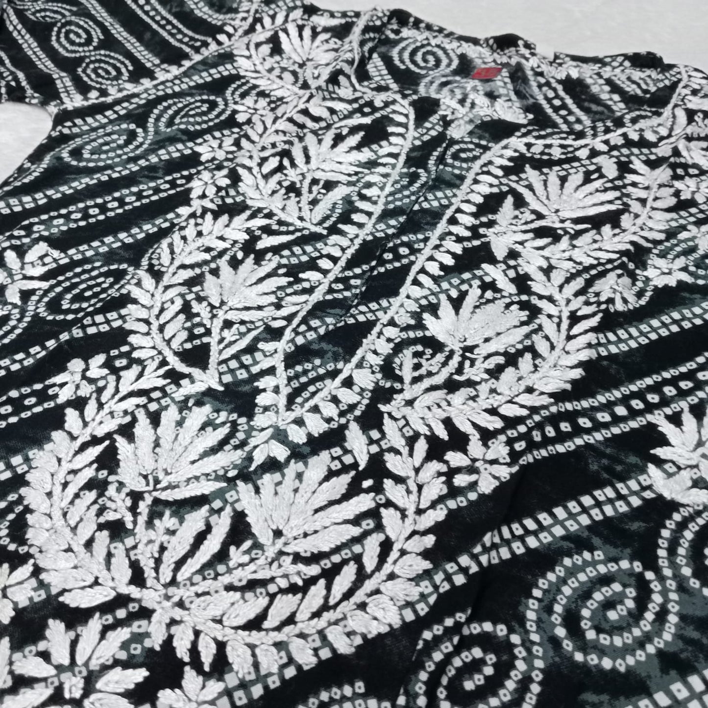Falak Bandhani Print Rayon Chikankari Kurti Black Colour - Chikankaar