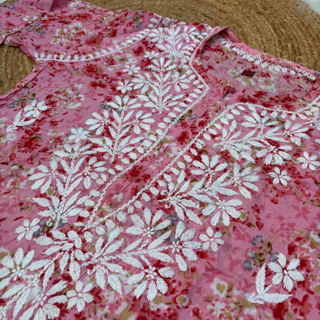 Rania Pure Mulmul Chikankari Handwork Kurti - Pink Colour