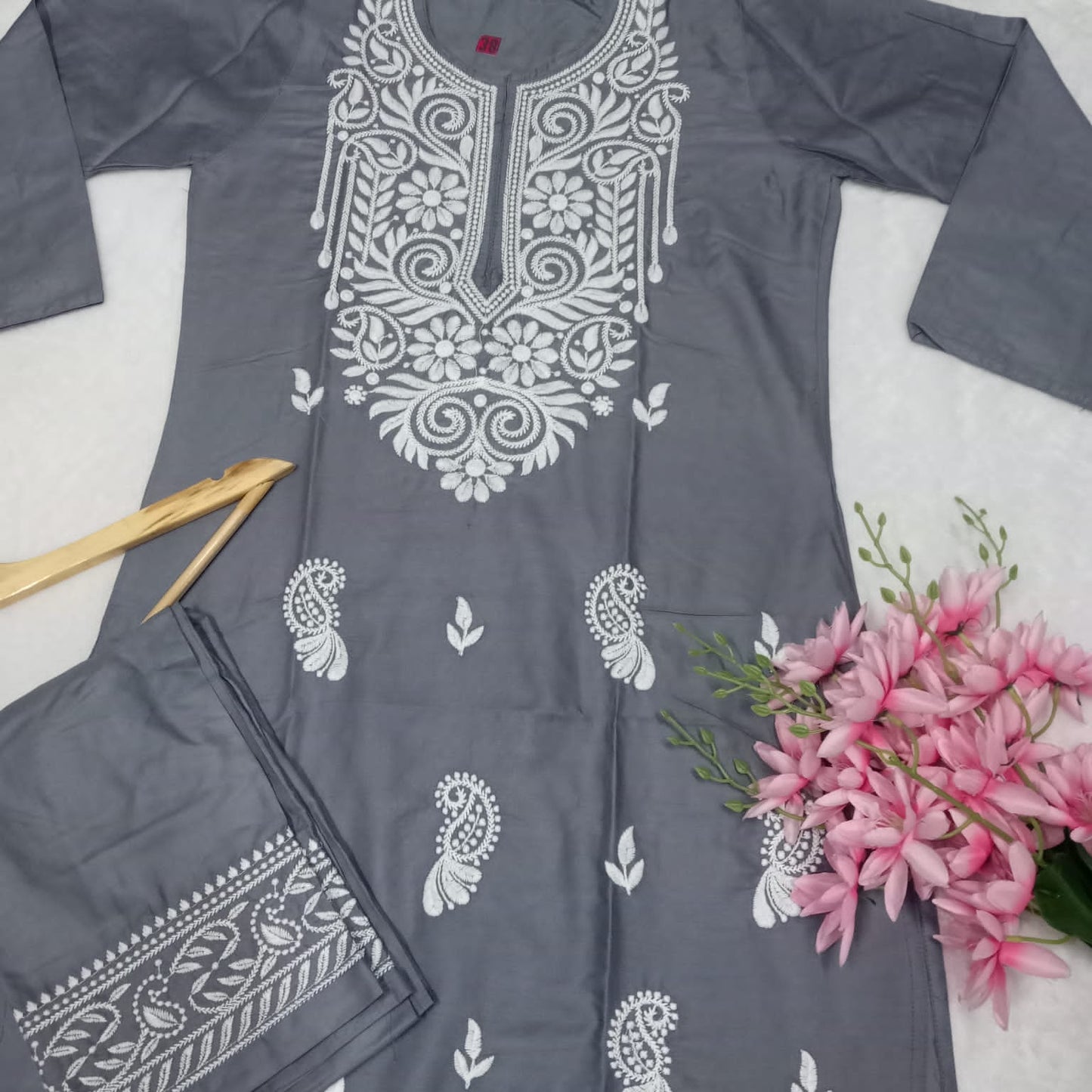 Rayon Chikankari Machine Work Kurti Plazo Set- Grey Colour - Chikankaar