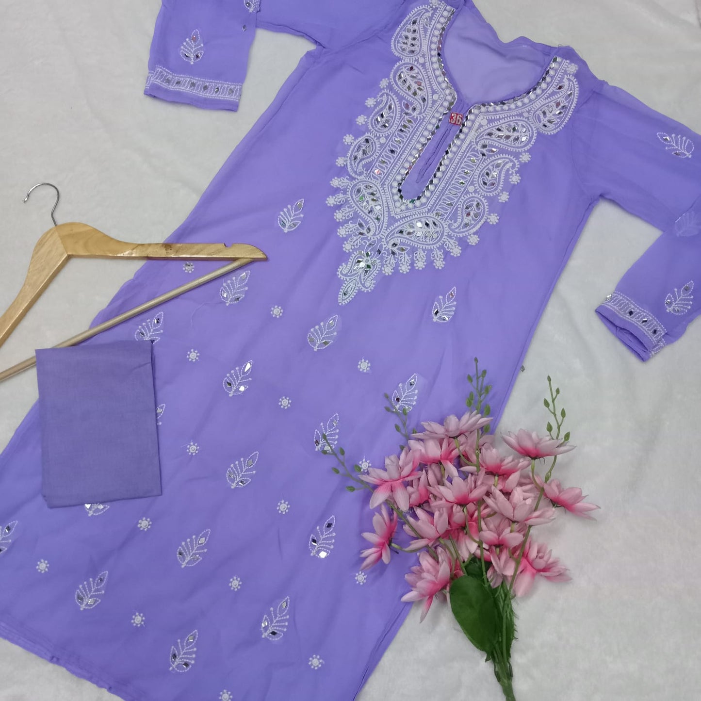 Georgette Mirror Work Chikankari Machine Work Kurti With Inner -Purple Colour - Chikankaar