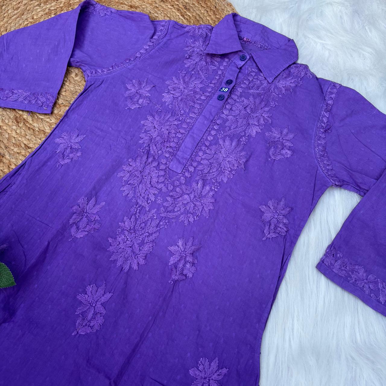 Sadia Dobby Cotton Ombre Shaded Chikankari Kurti with Collar - Purple Colour