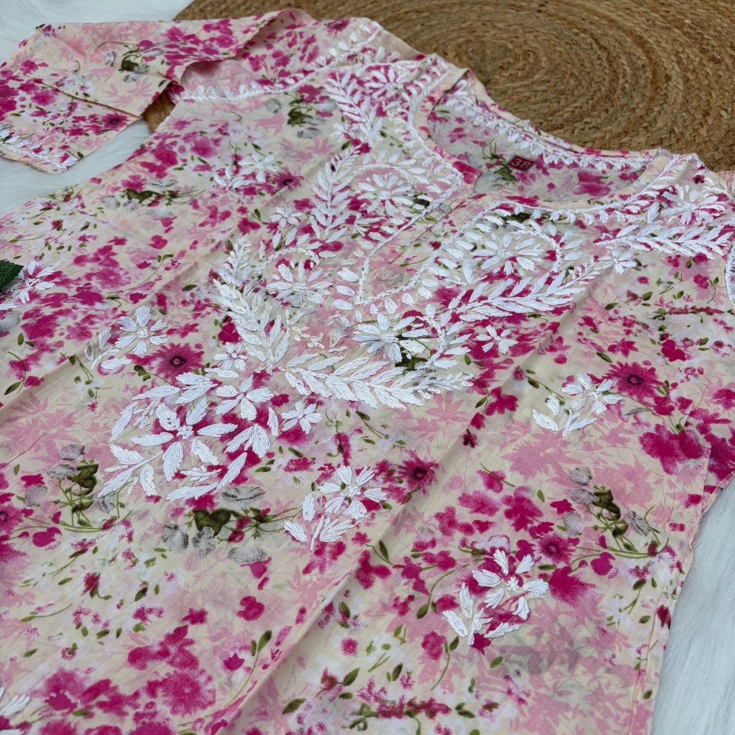 Nura Pure Mulmul Cotton Short Kurti - Pink Colour - Chikankaar