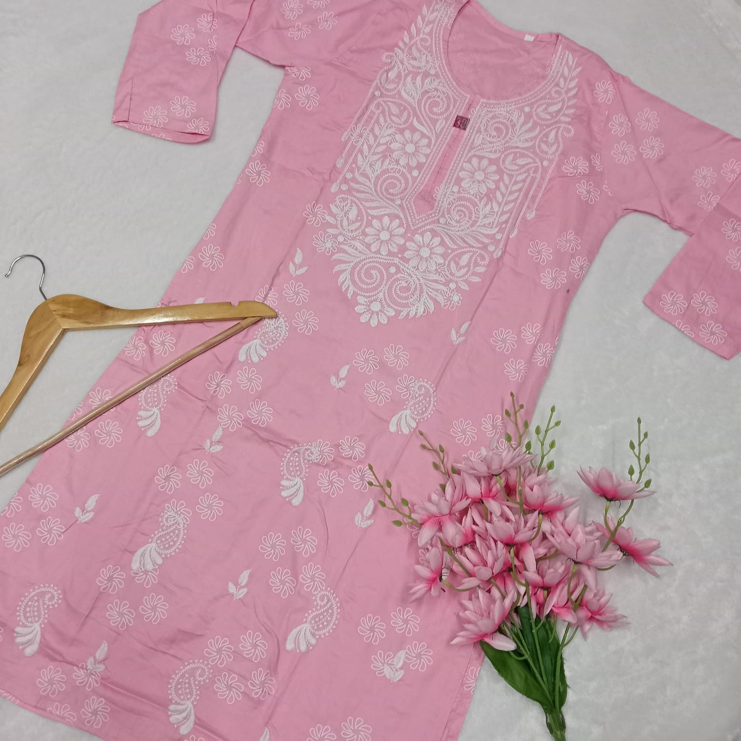 Rayon Chikankari Machine Work Kurti -Pink Colour - Chikankaar