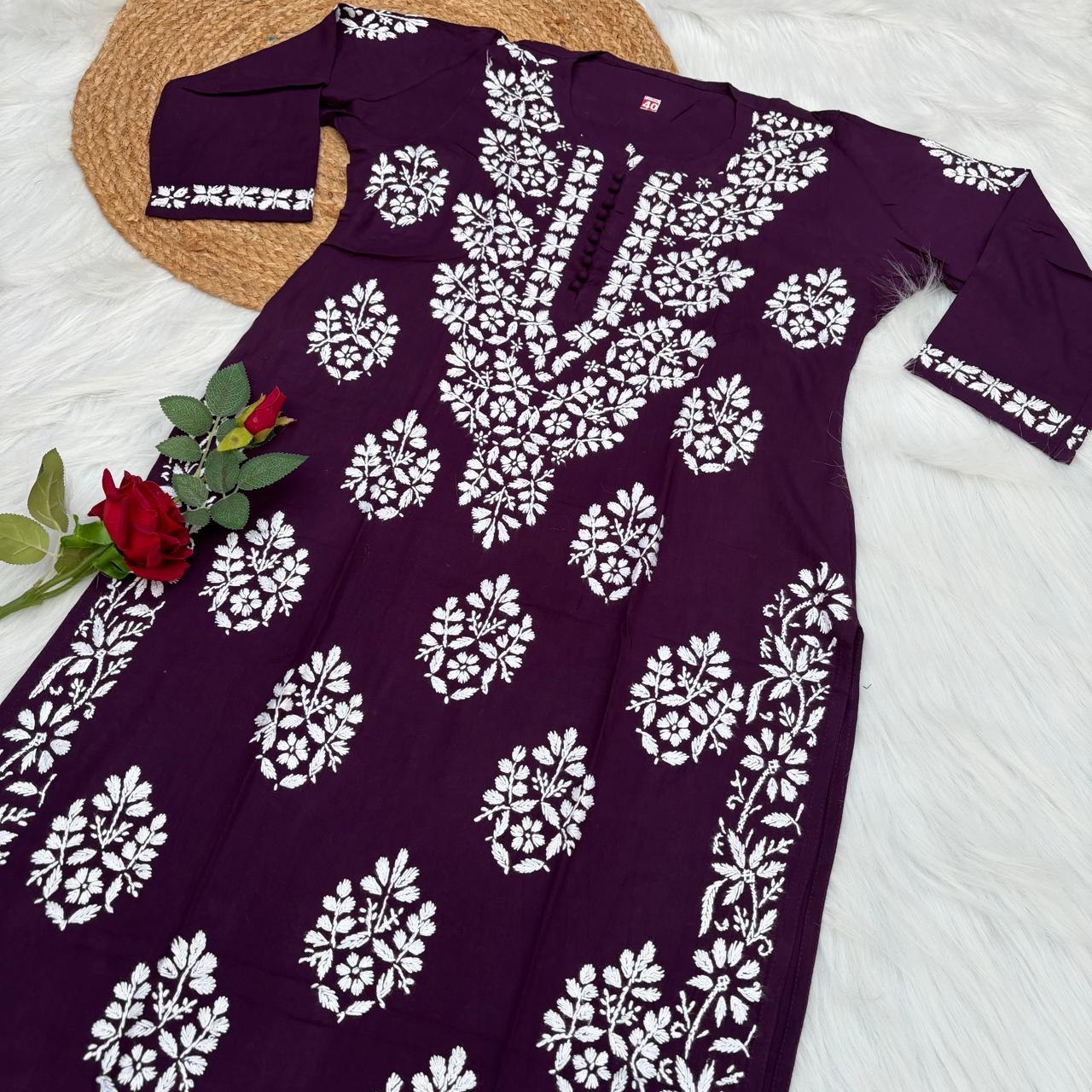 Ameena Soft Rayon Chikankari Kurti - Wine Colour