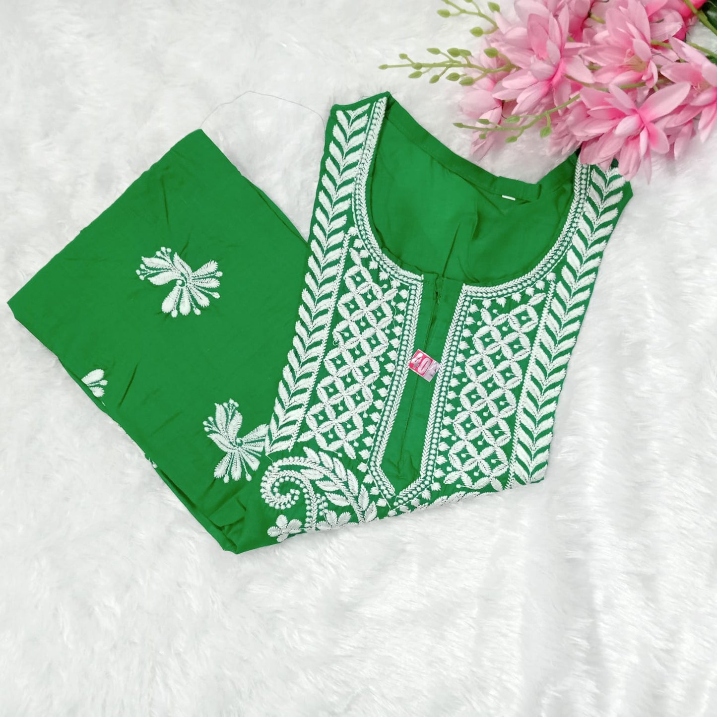 COTTON MACHINE WORK CHIKANKARI KURTI DARK GREEN COLOUR - Chikankaar