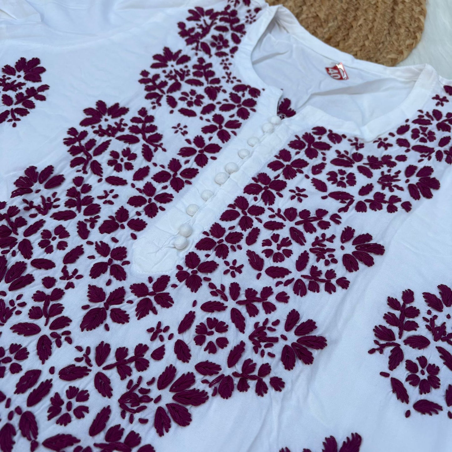 Amira Soft Rayon Chikankari Kurti - Wine on White Color - Chikankaar