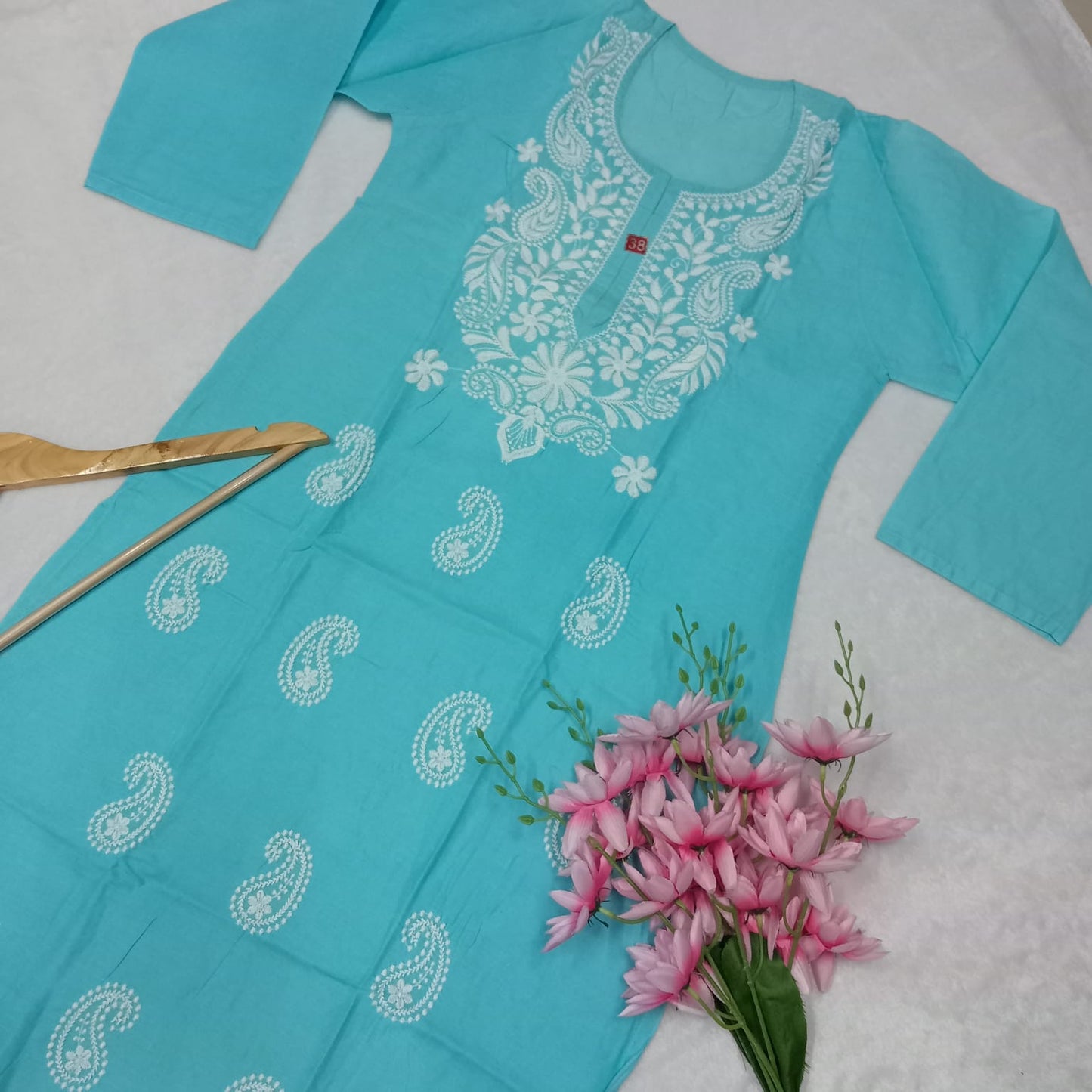 Cotton Machine Work Chikankari Kurti - Sky Blue Color - Chikankaar