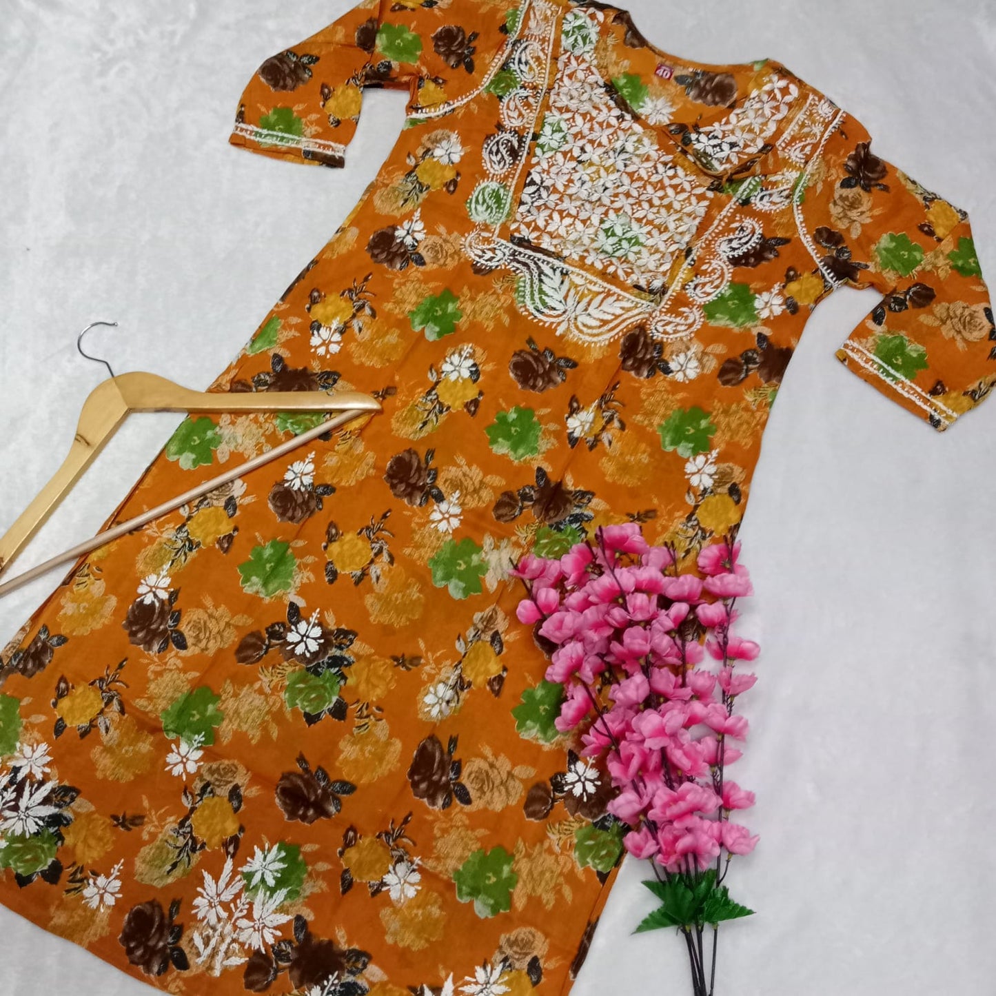 Masooma Mulmul Floral Printed Chikankari Handwork Kurti - Yellow Colour - Chikankaar
