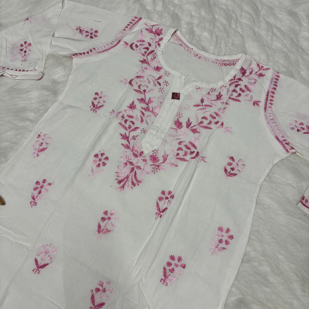 Aleena Rayon Chikankari Kurti Plazo Set - White Pink color - Chikankaar