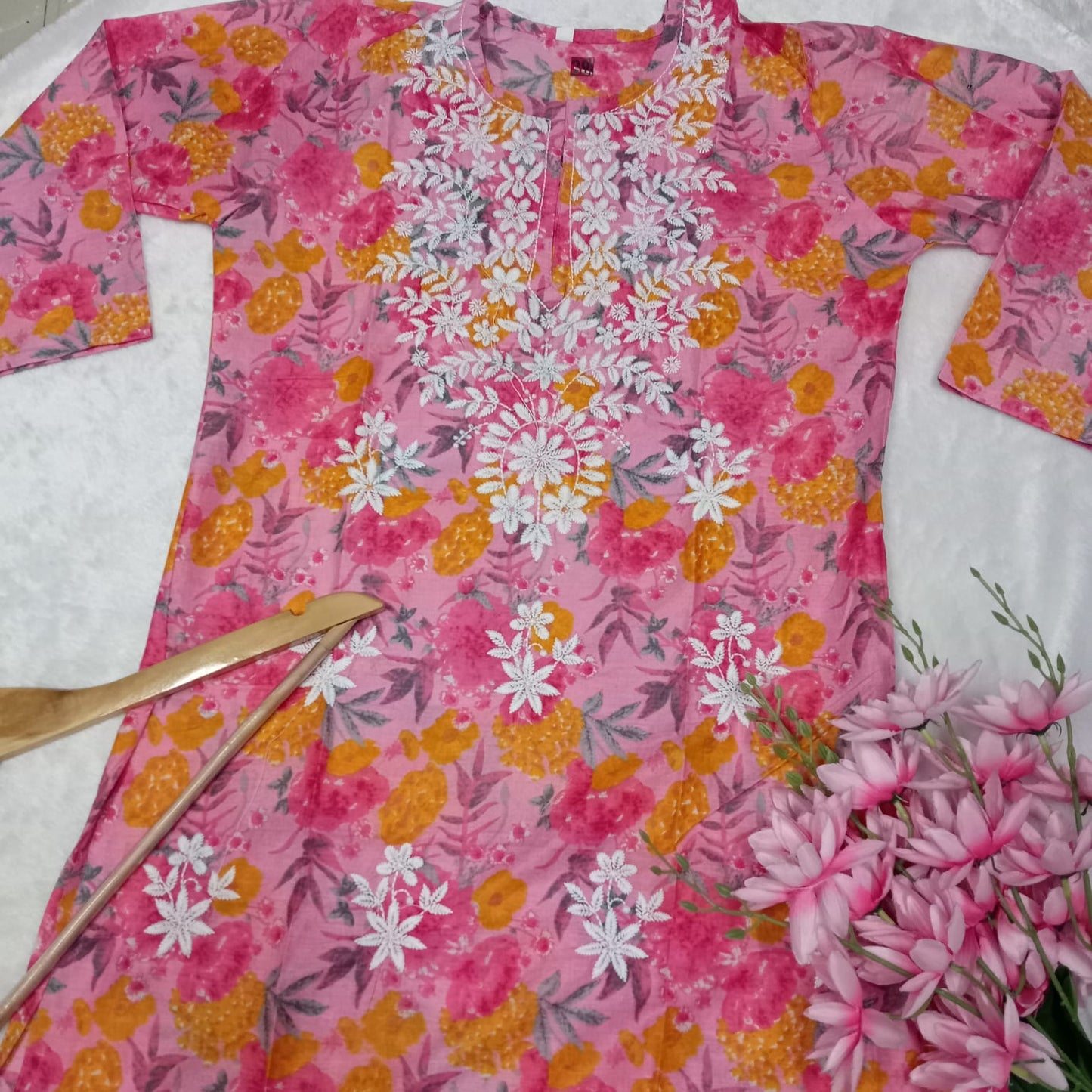 MULMUL COTTON CHIKANKARI MACHINE WORK KURTI - PINK COLOUR - Chikankaar