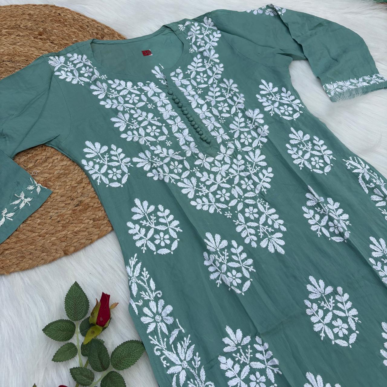 Ameena Soft Rayon Chikankari Kurti - Pista Colour
