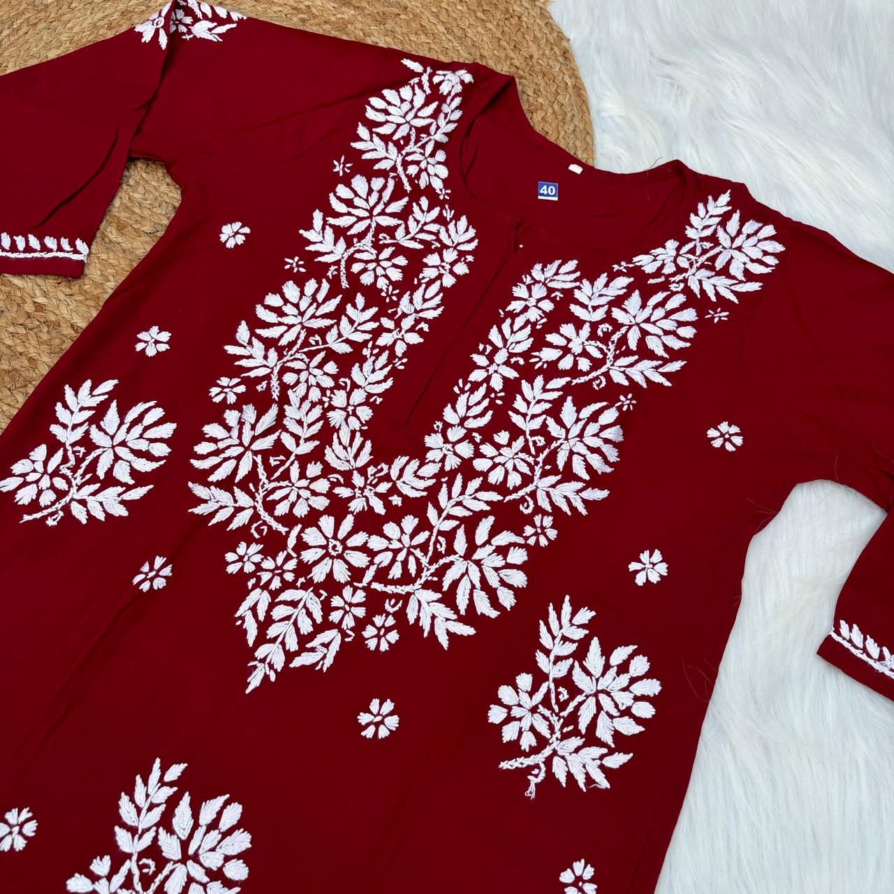 Jannat Soft Rayon Chikankari Kurti Plazo Set - Maroon colour - Chikankaar