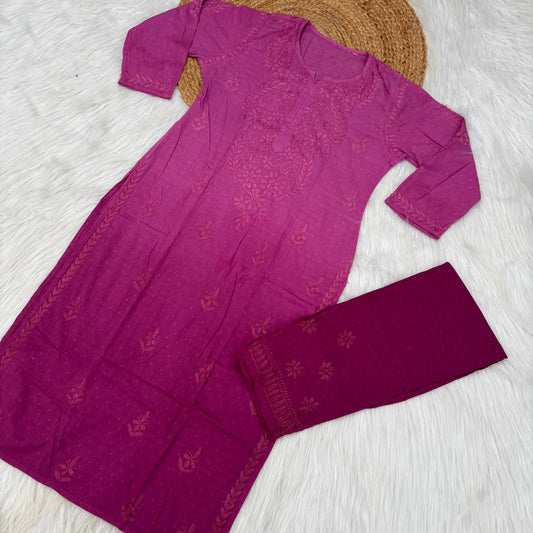Nuha Dobby cotton Ombre shaded Lucknowi Chikankari Kurti Plazo Set - Wine Colour