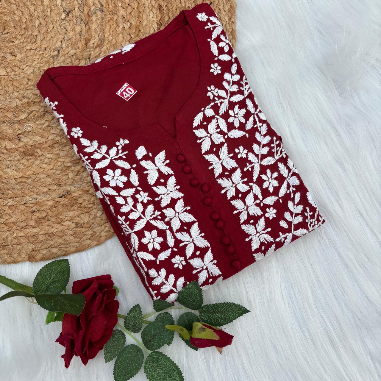 Ameena Soft Rayon Chikankari Kurti - Maroon Colour