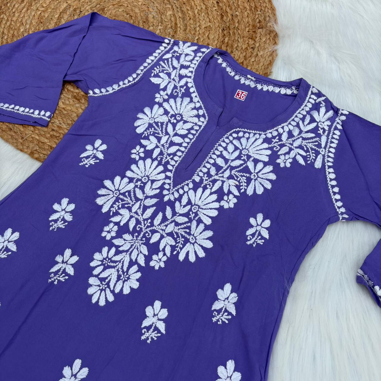 Ina Soft Rayon Chikankari Short Kurti - Purple Colour - Chikankaar