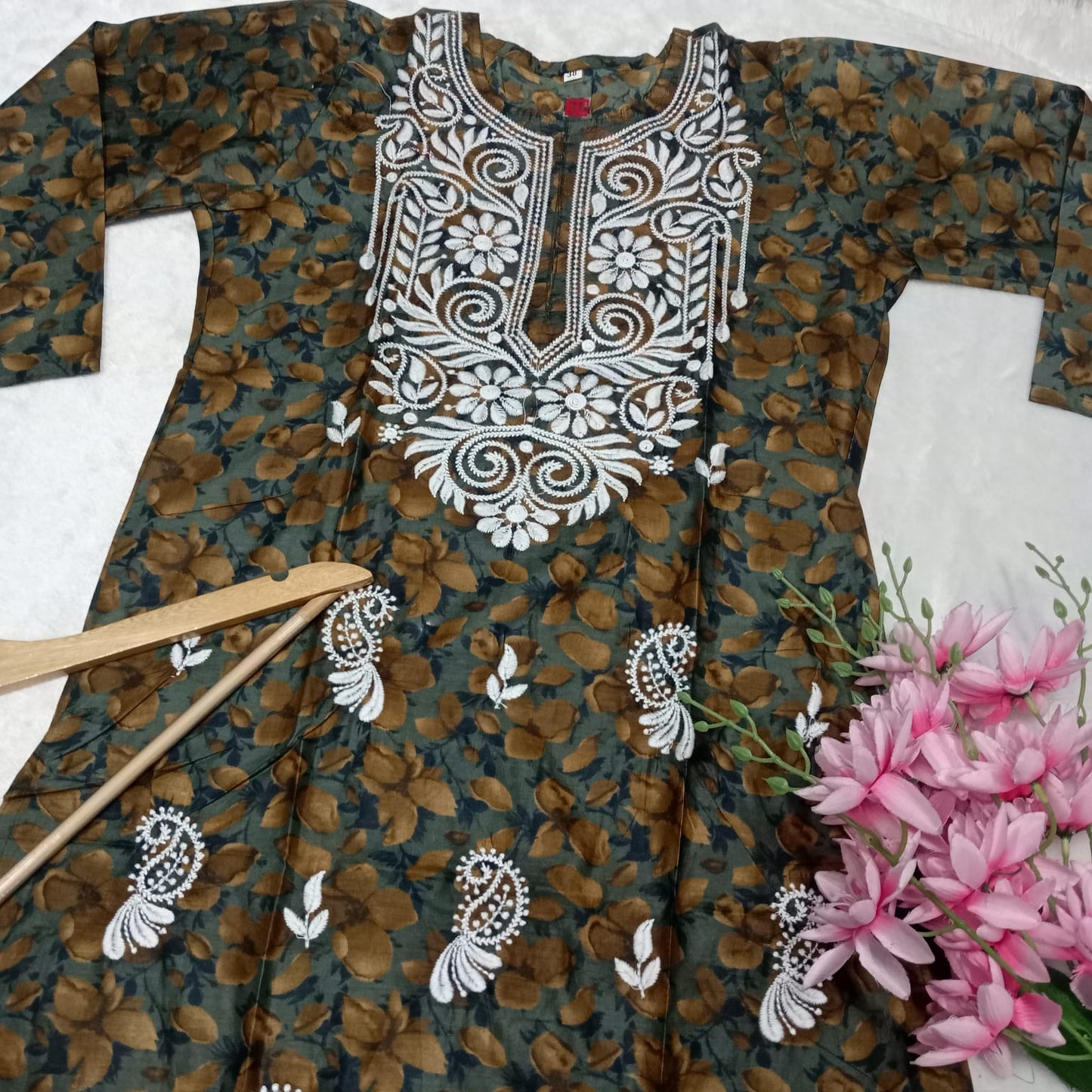 Cotton Silk Chikankari Machine Work Kurti - Dark Green Colour - Chikankaar