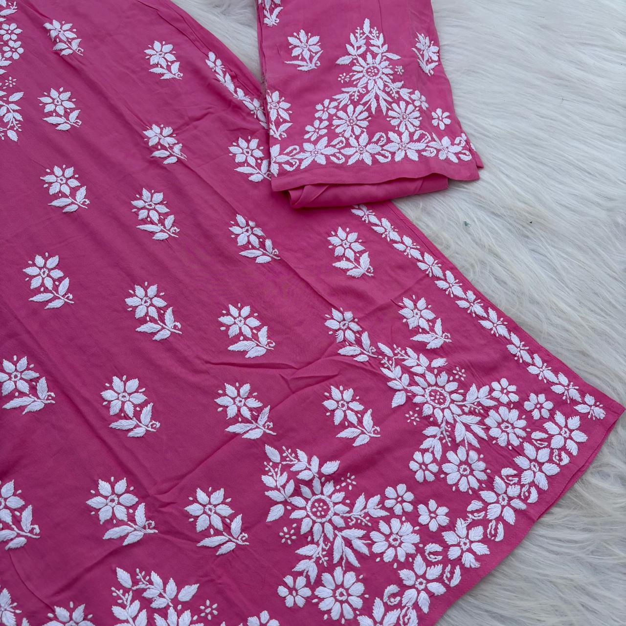 Maya Rayon Chikankari Kurti Plazo Set - Pink Colour