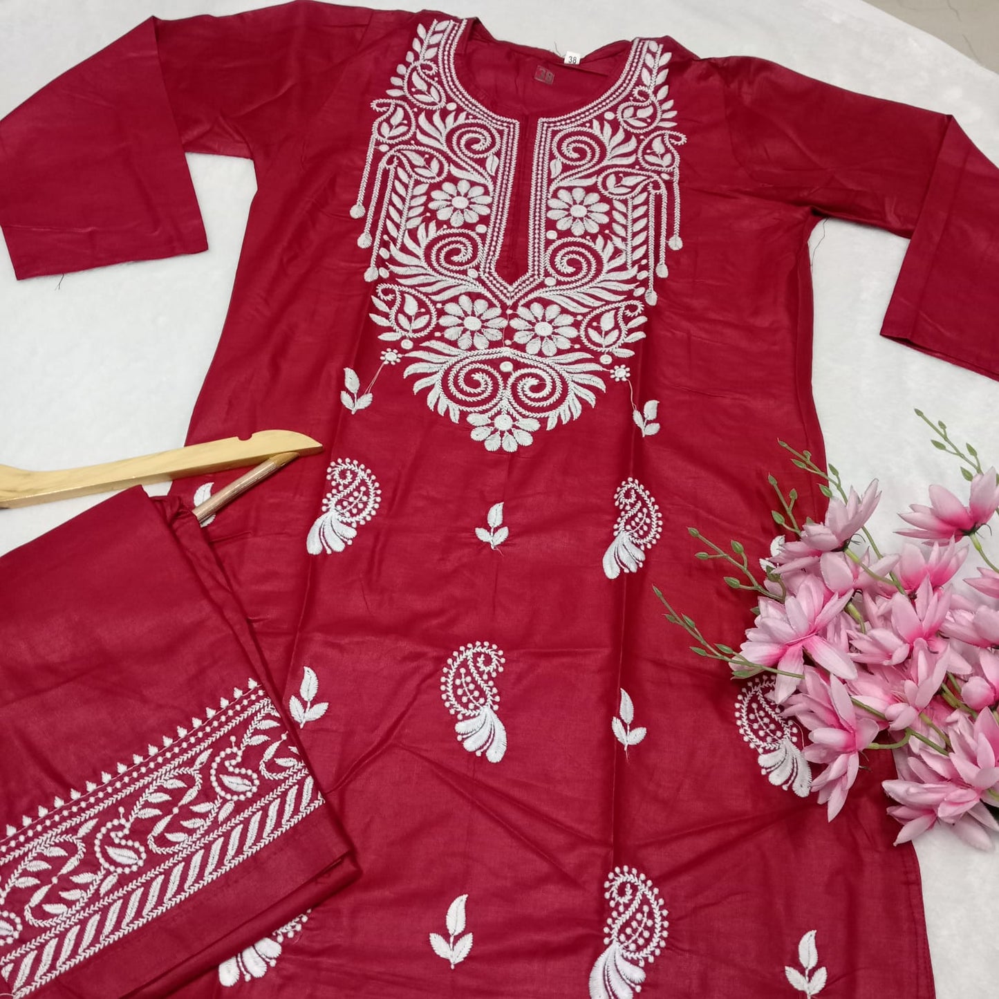 Rayon Chikankari Machine Work Kurti Plazo Set- Red Colour - Chikankaar