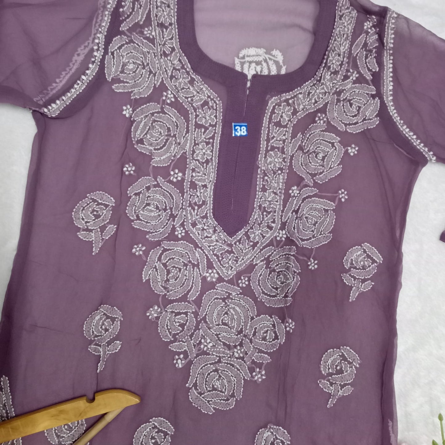 GEORGETTE CHIKANKARI ROSE WORK KURTI WITH PURE COTTON INNER -MAUVE COLOUR - Chikankaar