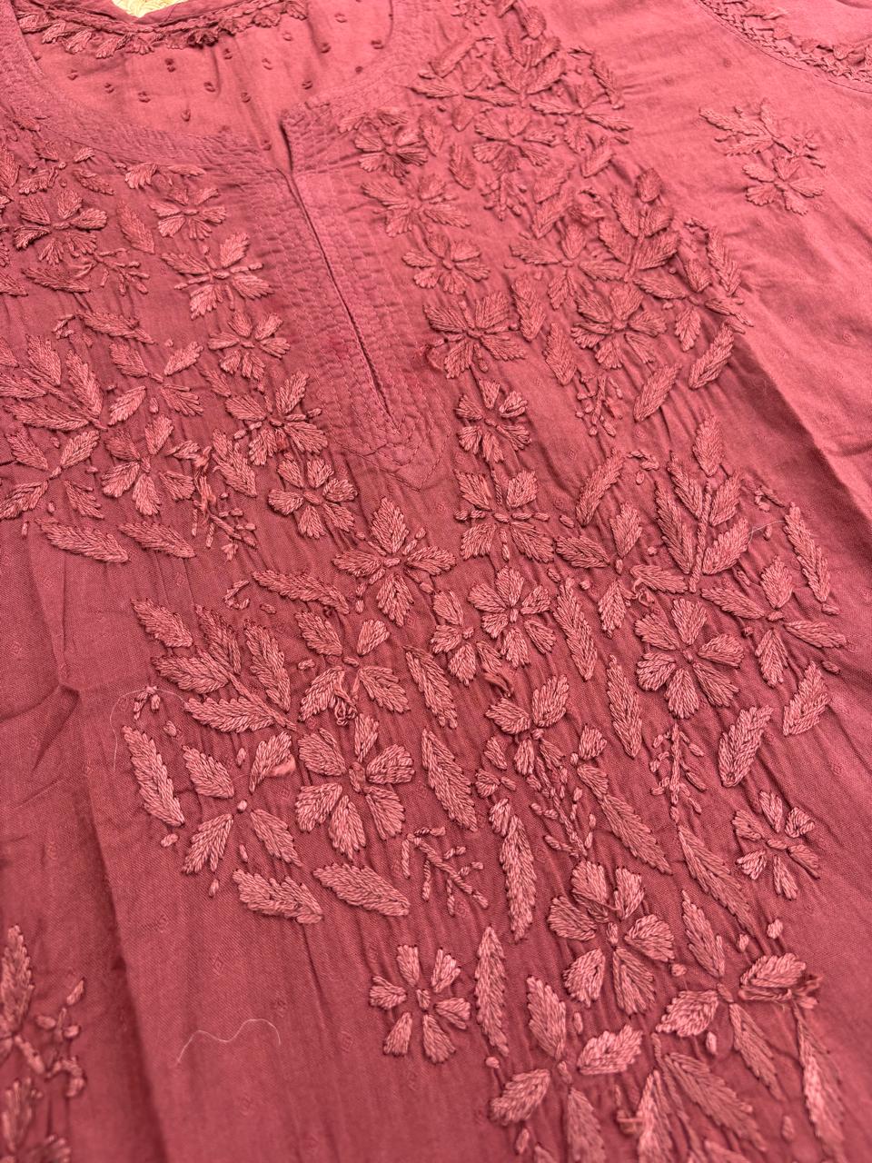 Ziva Soft Dobby Cotton Lucknowi Handwork Chikankari Short Kurti - Brown Colour