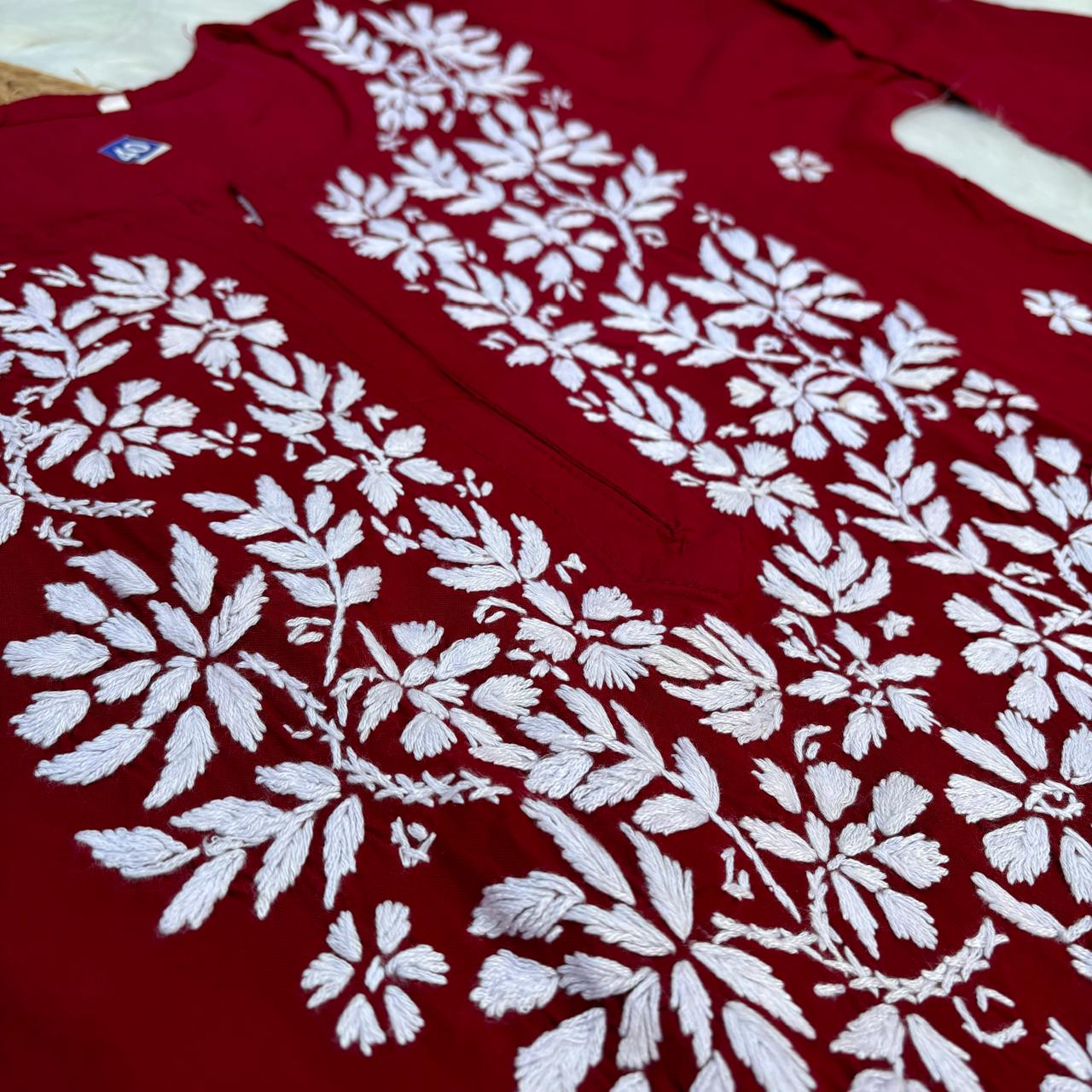 Jannat Soft Rayon Chikankari Kurti Plazo Set - Maroon colour - Chikankaar