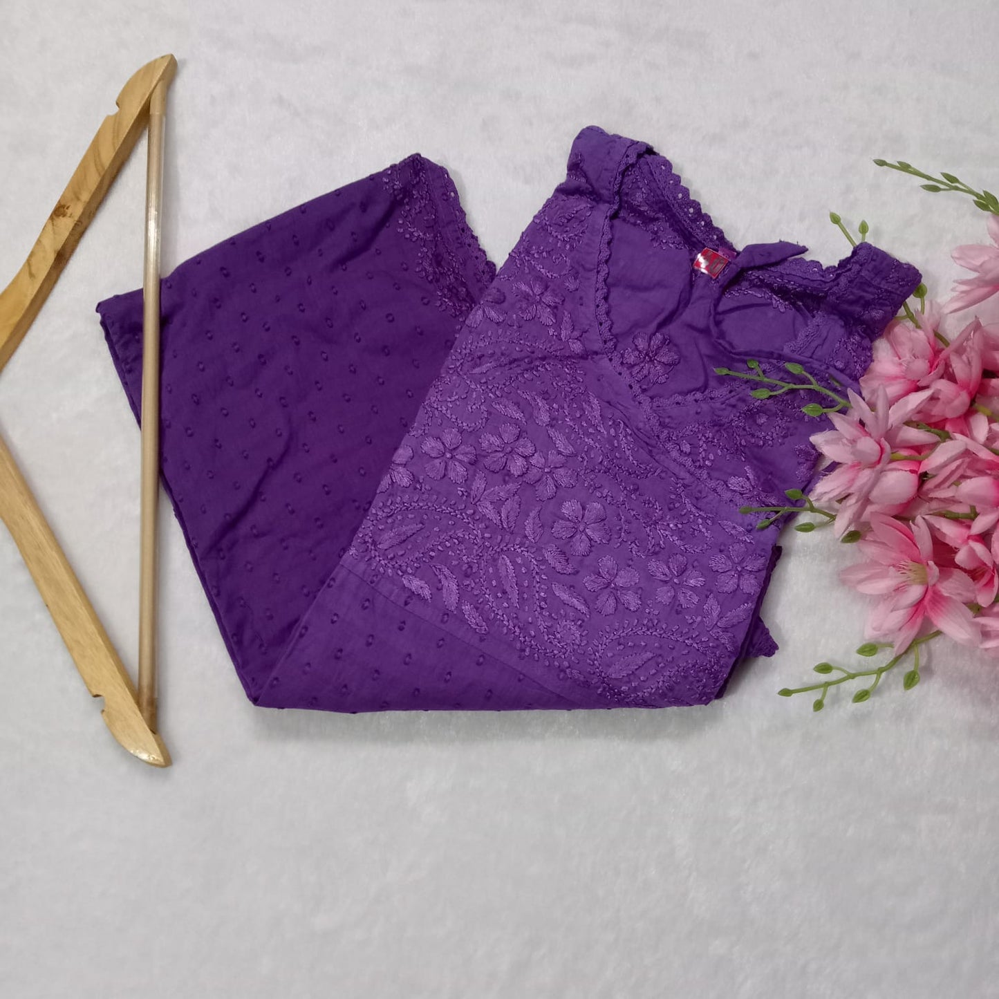 Ombre Shaded Dobby Cotton Chikankari Angarakha - Violet Colour - Chikankaar