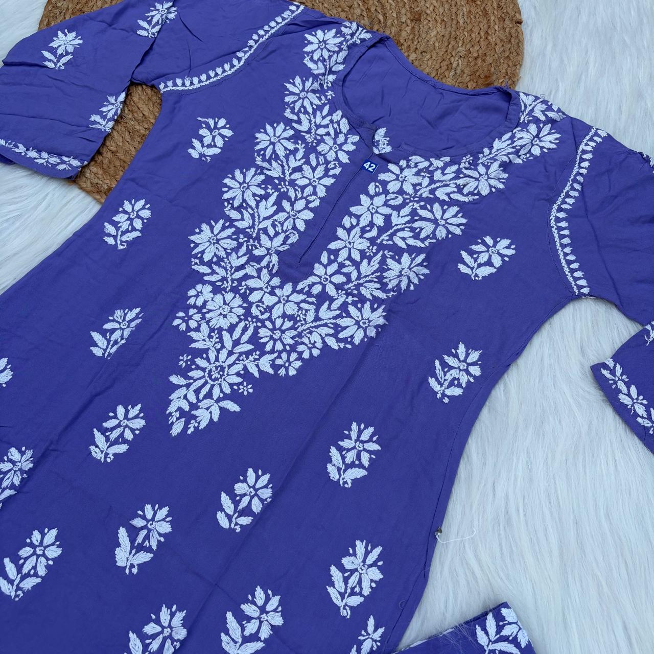 Maya Rayon Chikankari Kurti Plazo Set - Purple Colour