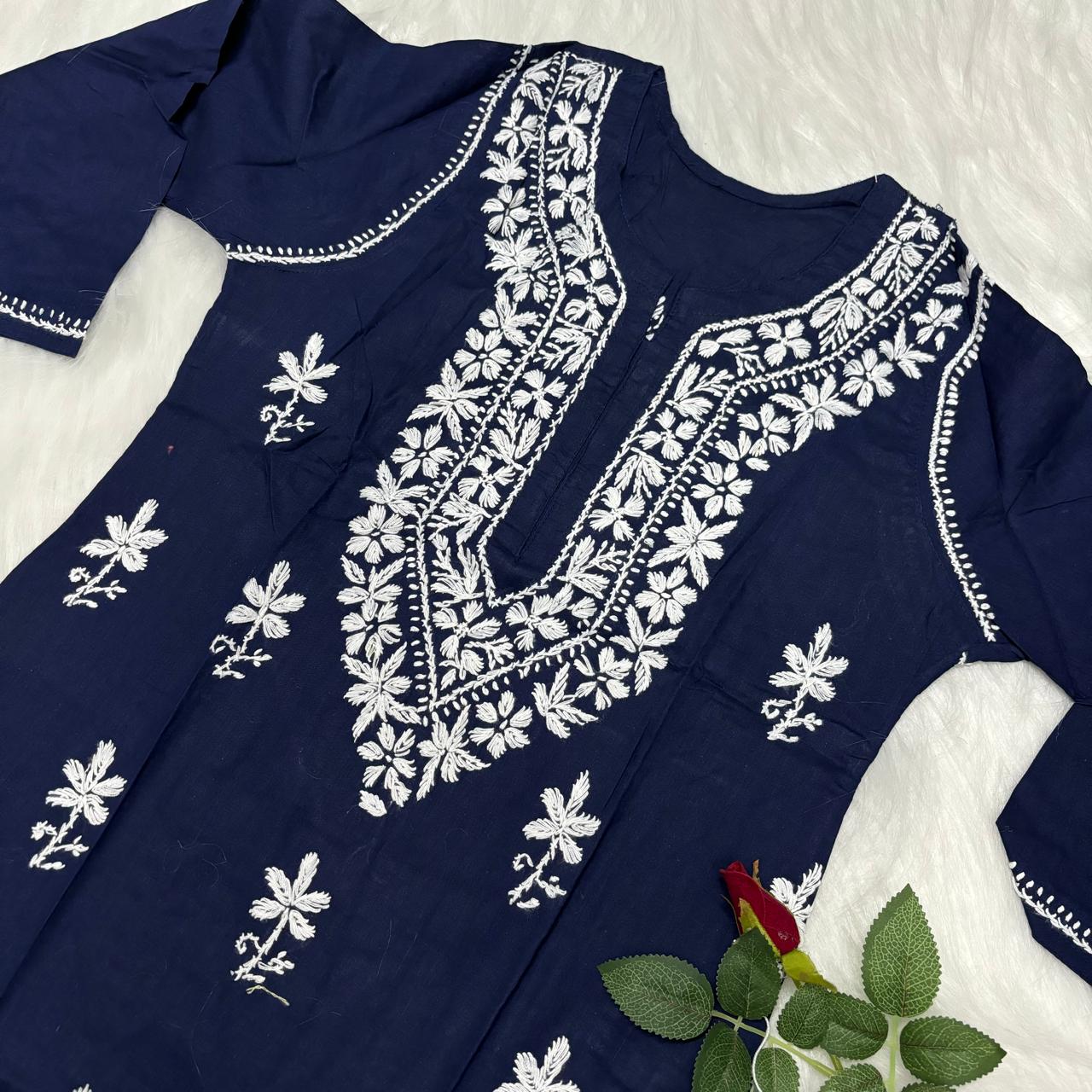 Ziya Pure Cotton Chikankari Short Top- Navy Blue Colour - Chikankaar
