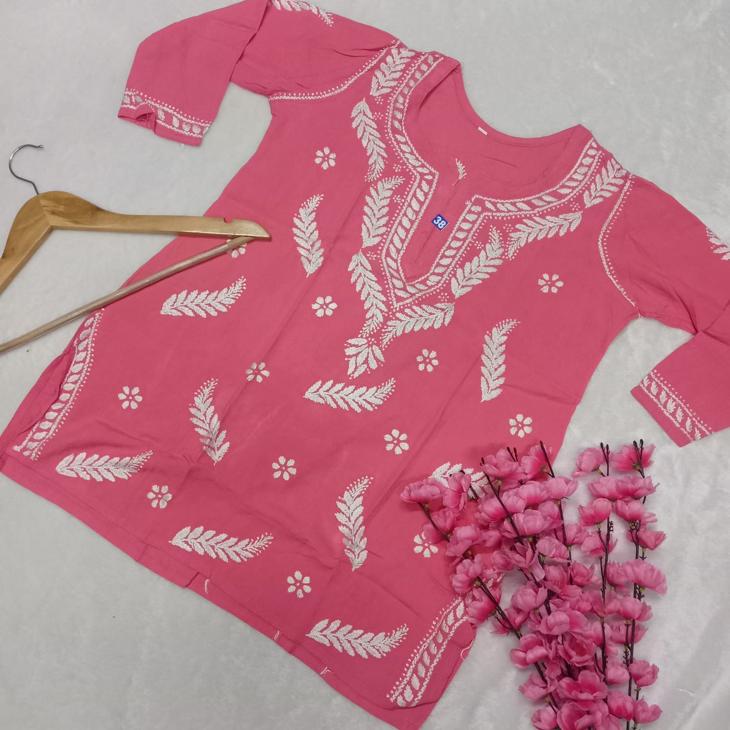 Inaya Rayon Chikankari Handwork Short Kurti -Peach colour - Chikankaar