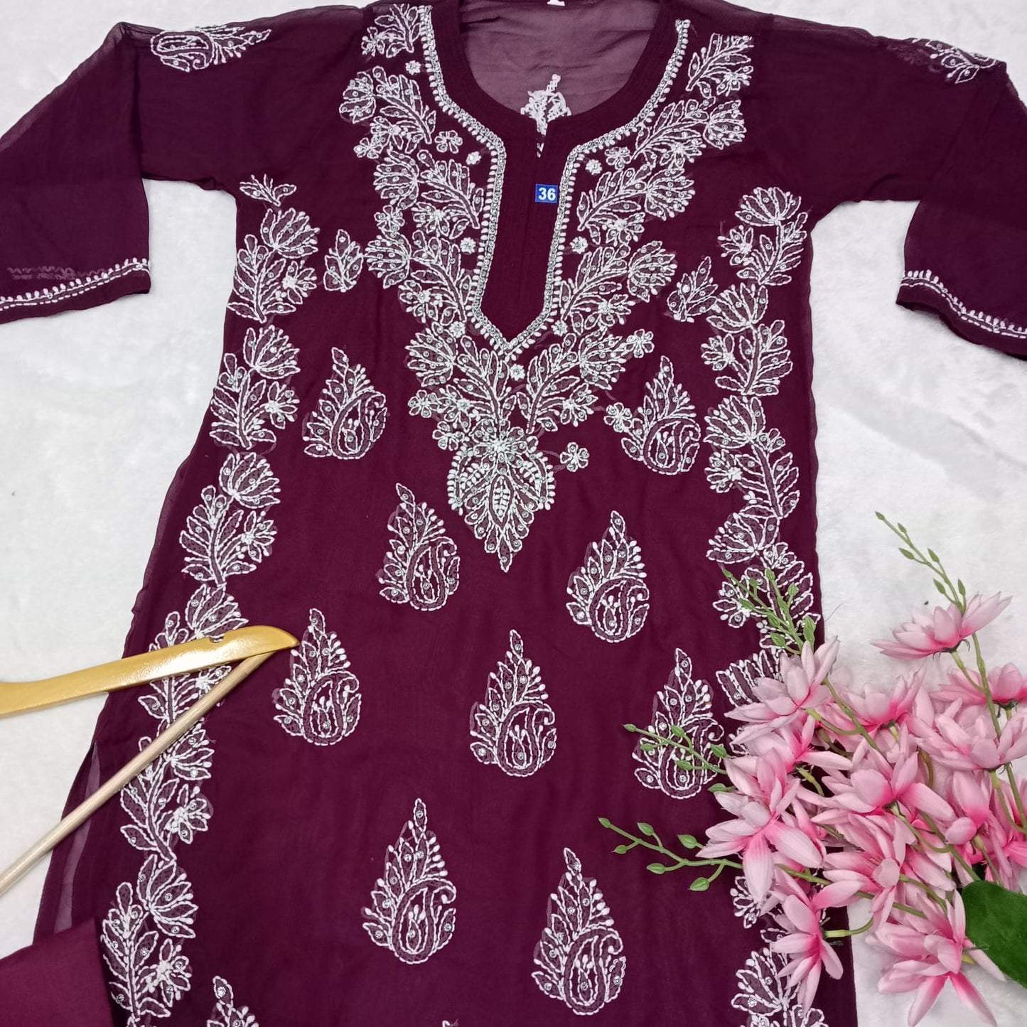 Stone Work Georgette Chikankari Kurti -Wine Colour - Chikankaar