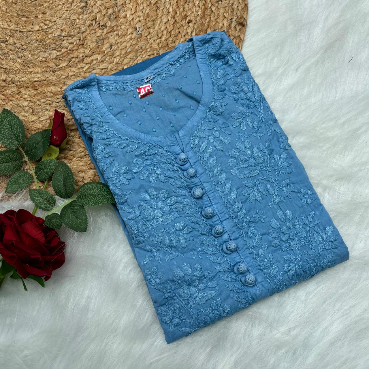 Adaah Ombre Shaded Dobby Cotton Chikankari Kurti - Sky Blue - Chikankaar
