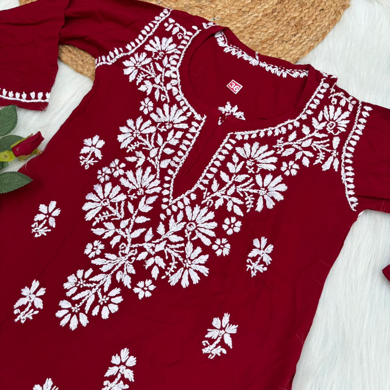 Ina Soft Rayon Chikankari Short Kurti - Maroon Colour - Chikankaar