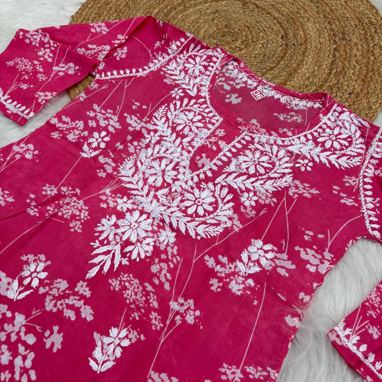 Malika Pure Mulmul Cotton Short Kurti - Pink Colour