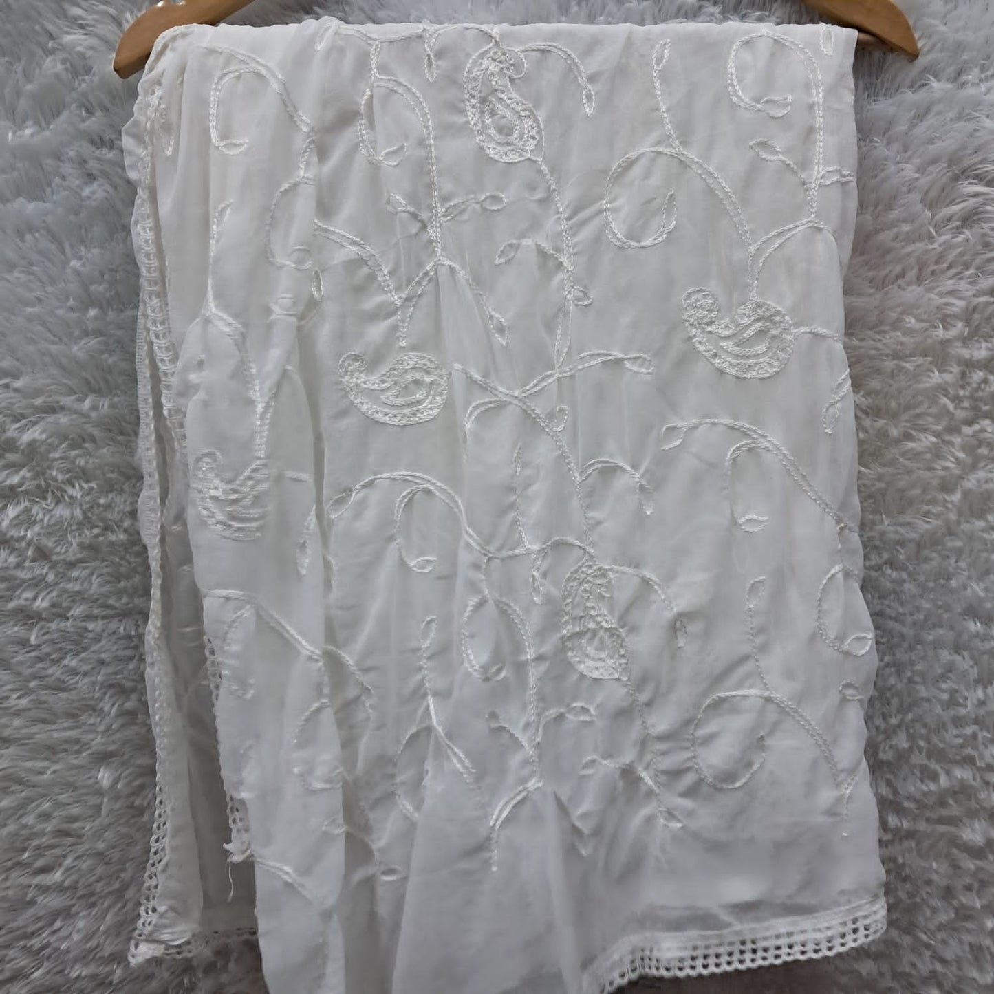 Chiffon Chikankari Dupatta With Qureshia Lace - White Color - Chikankaar